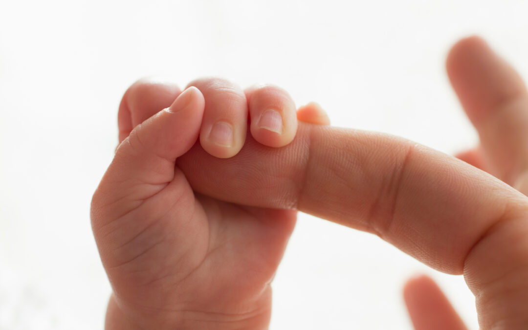 A baby's hand grabbing an adult's finger